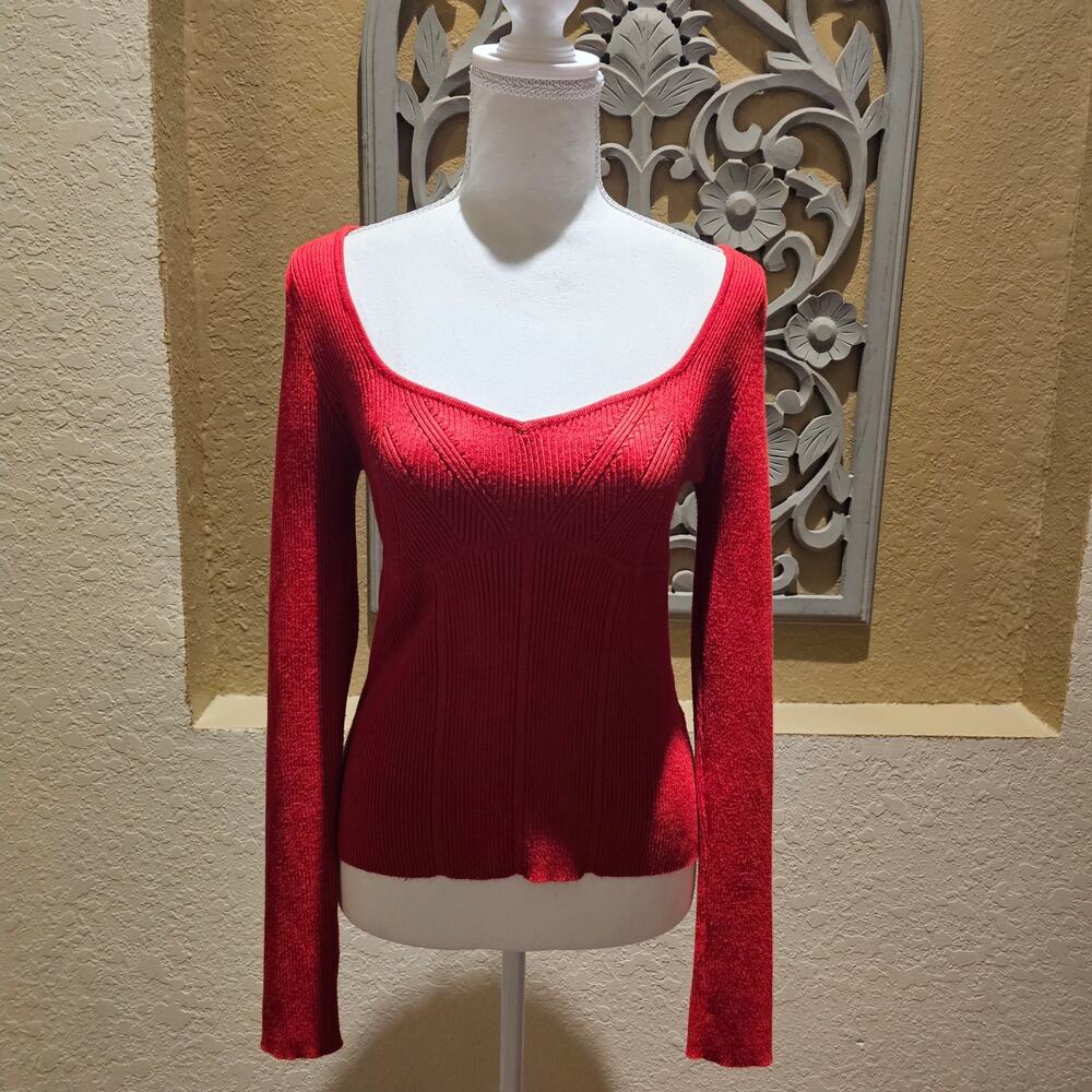 Pink Rose L Coquette Sweetheart Ribbed Top Red Fitted Soft Girl Stretch Sweater - Picture 3 of 11